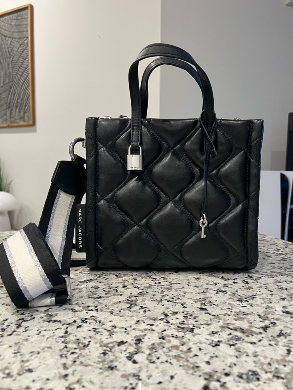 Marc Jacobs Black Quilted Leather Satchel with Striped Detachable Strap